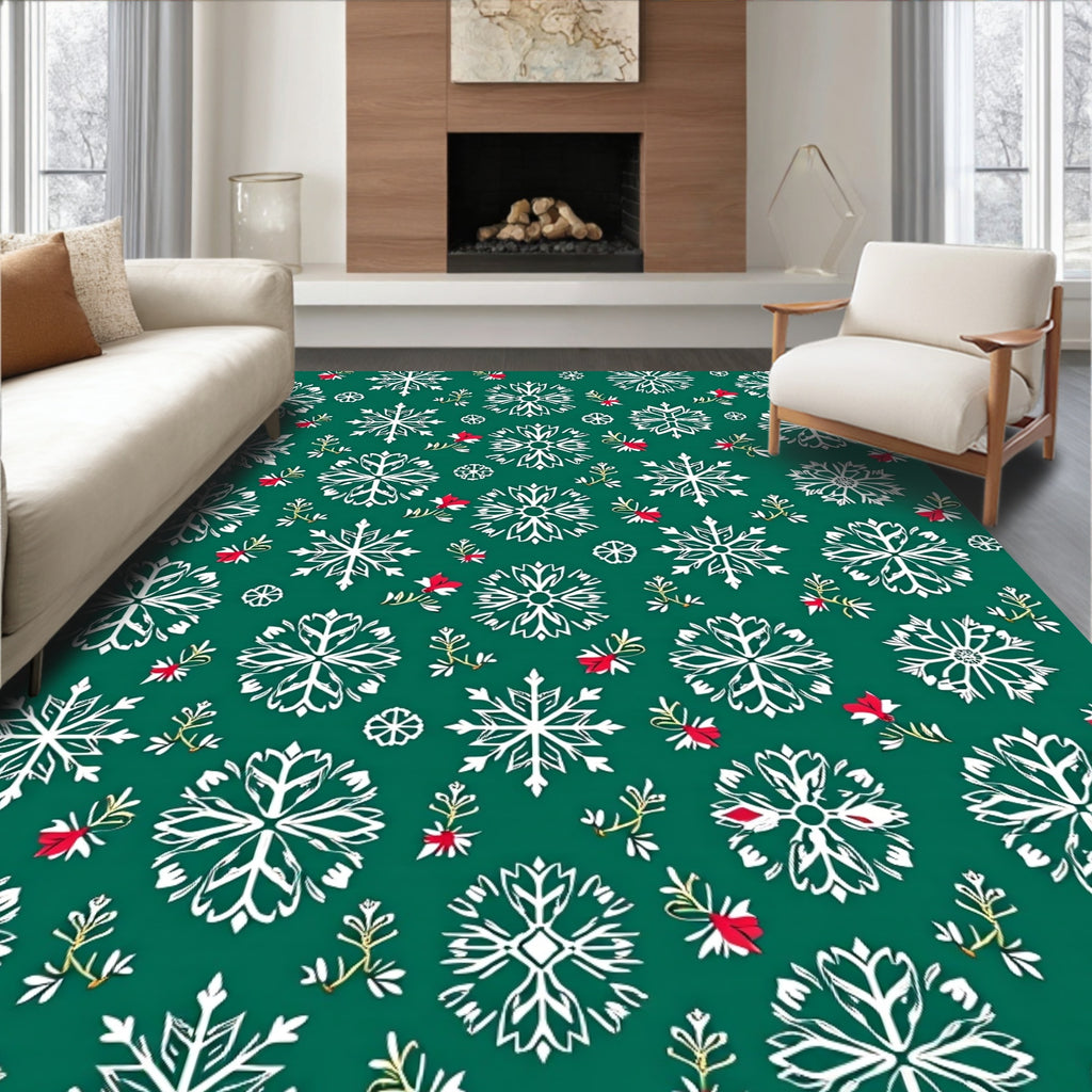Green White Red Snowflake Holiday Rug