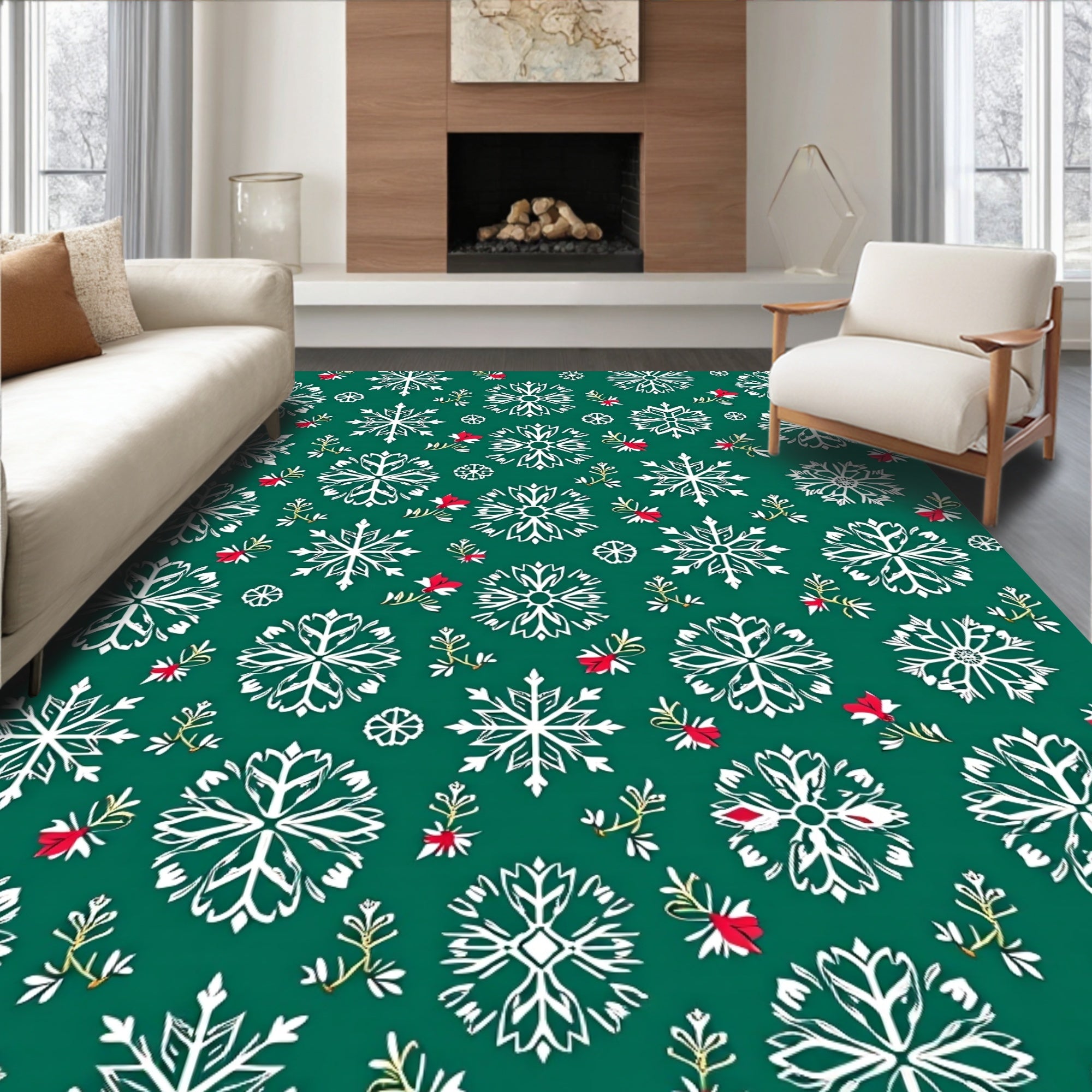 Green White Red Snowflake Holiday Rug