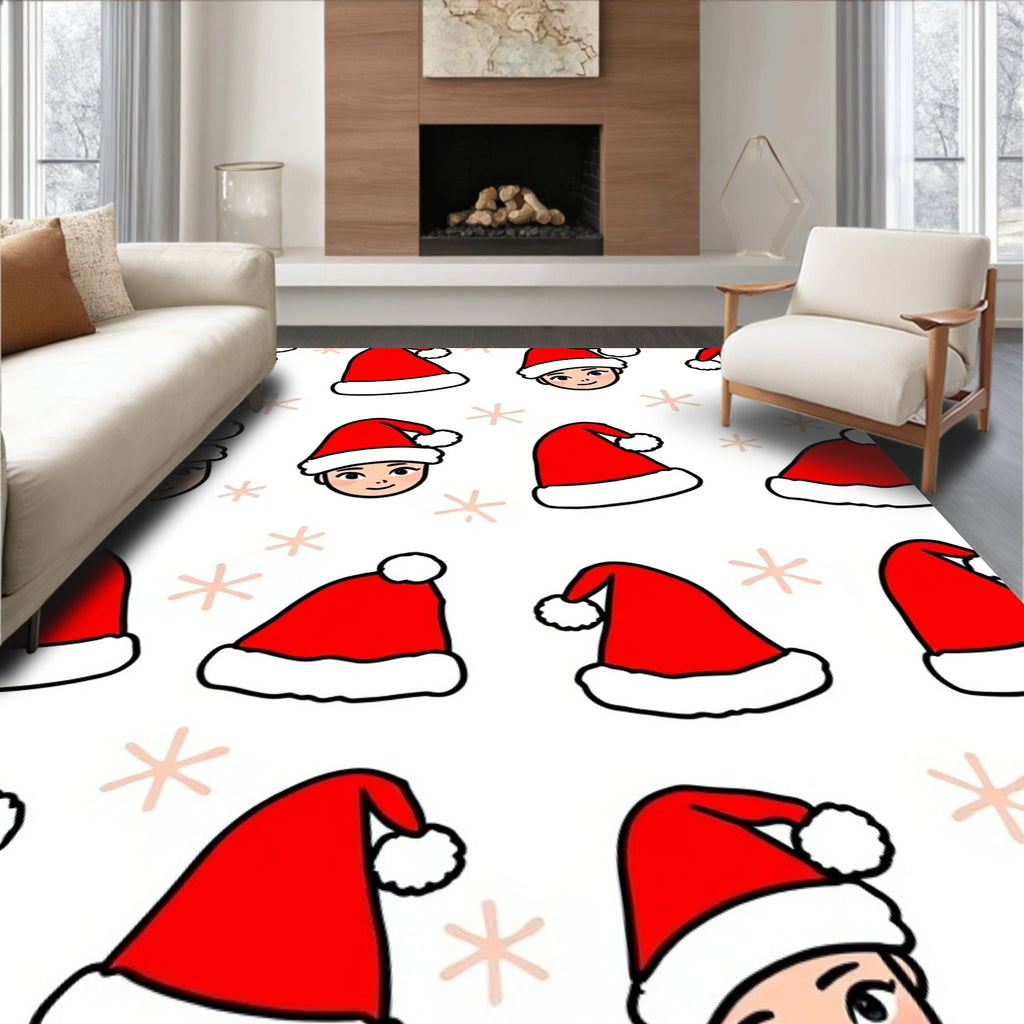Christmas Santa Hat Faces Snowflakes Rug