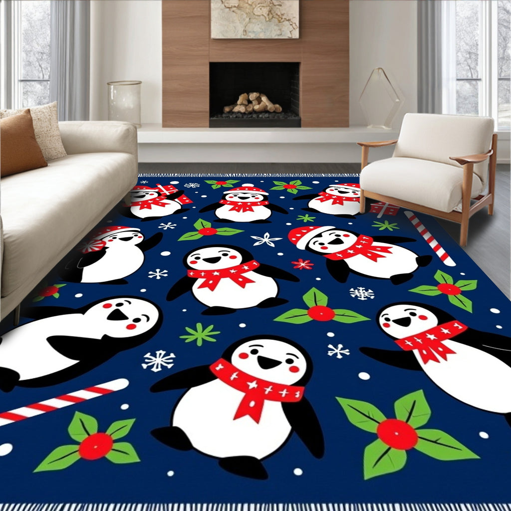 Festive Penguin Christmas Holly Rug