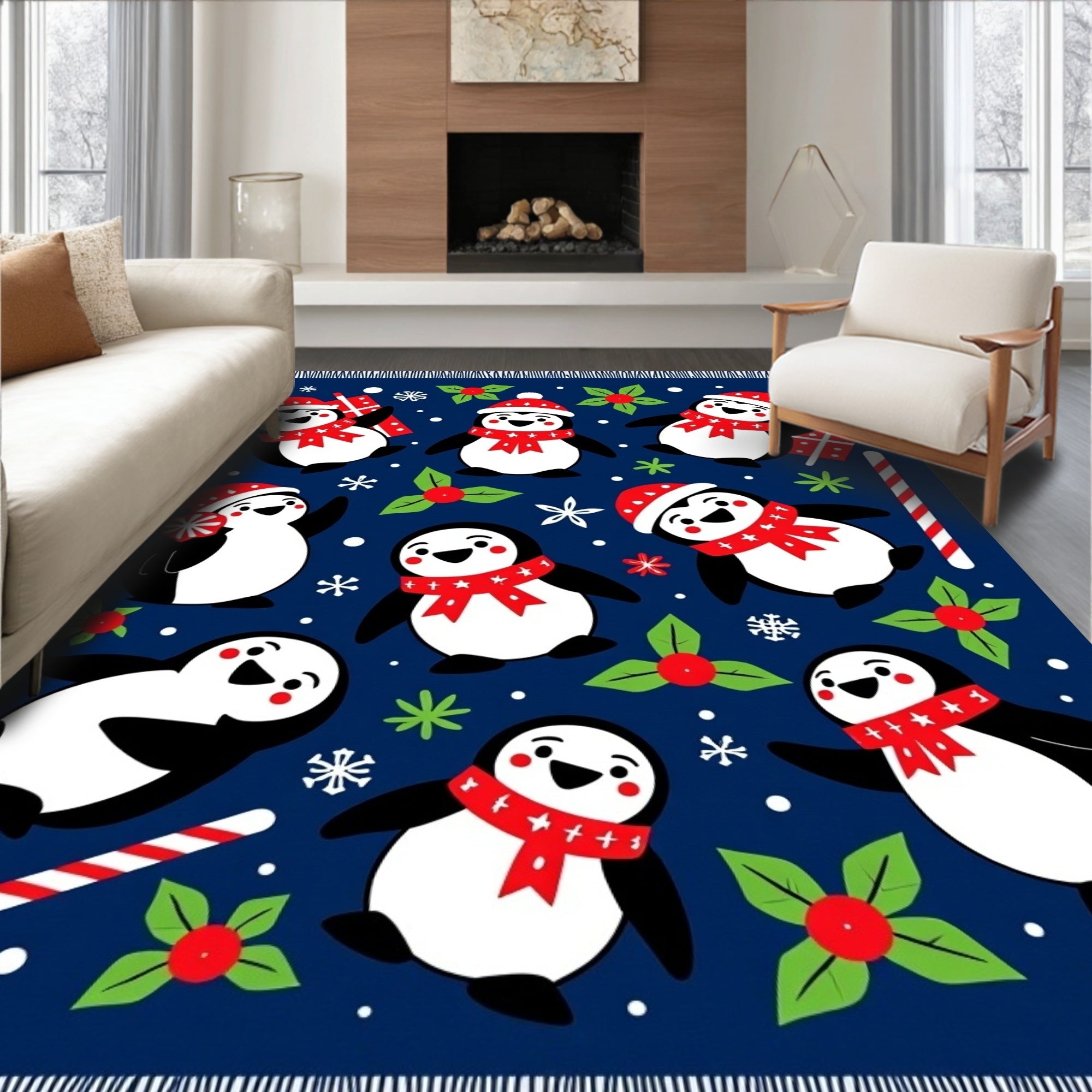 Festive Penguin Christmas Holly Rug