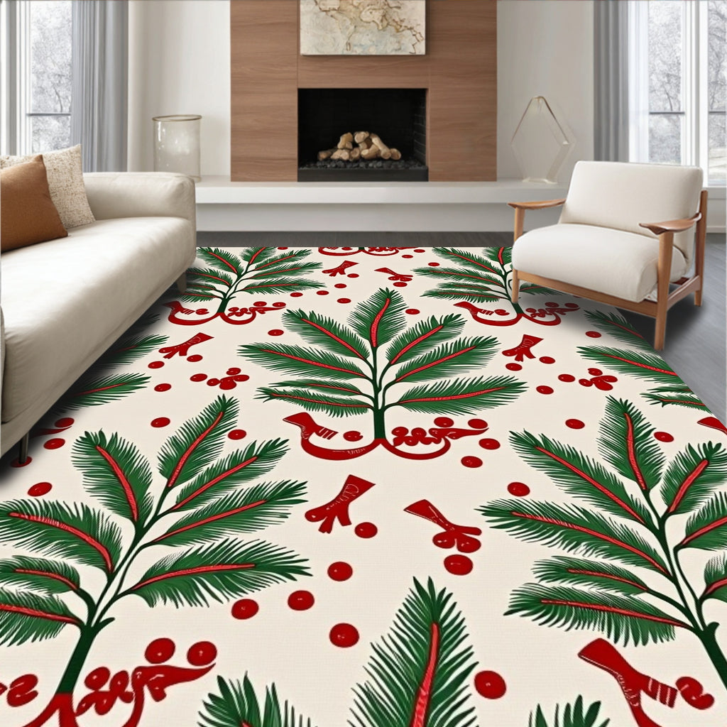 Green Leaf Red Berry Floral Rug