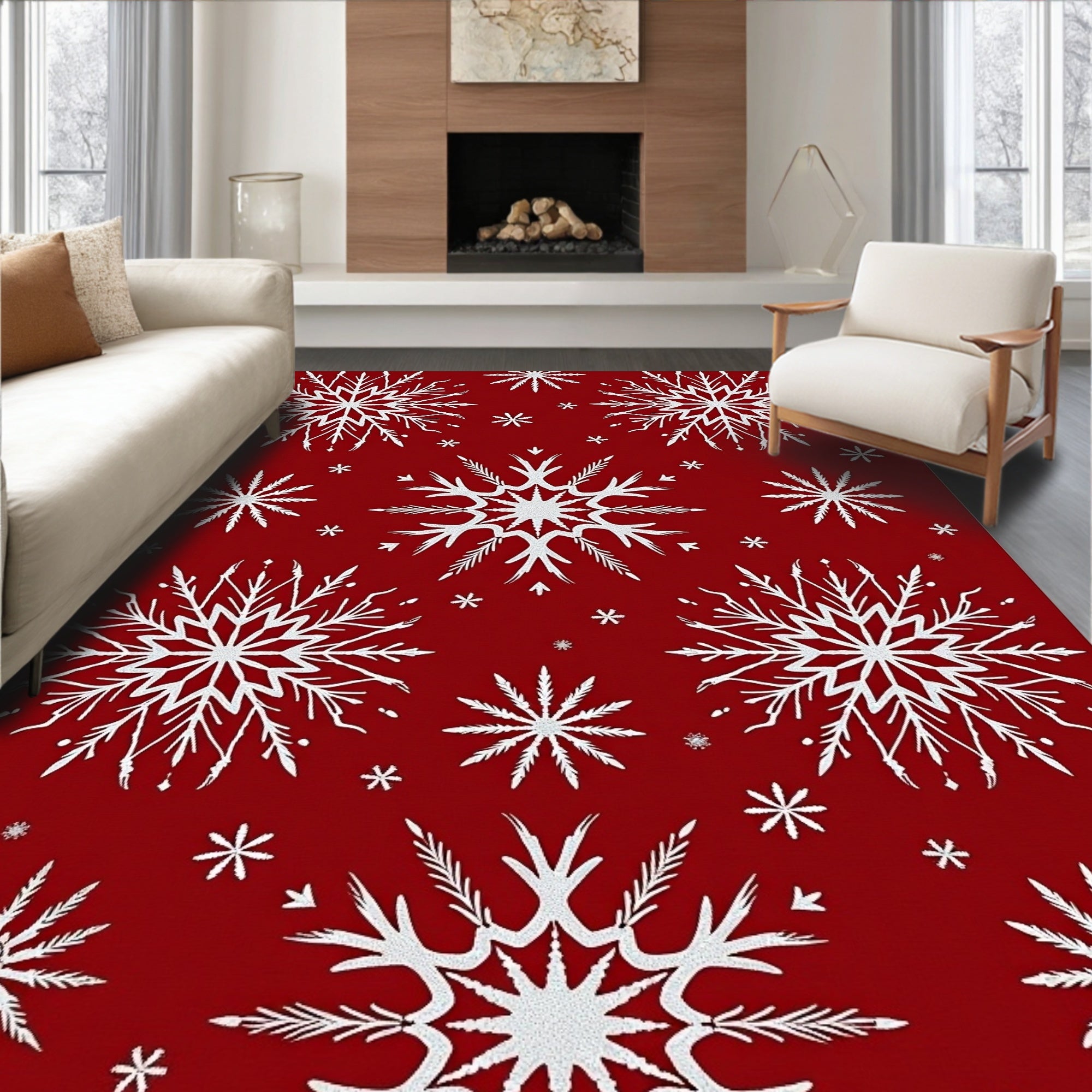 Crimson and White Winter Frost Scatter Rug