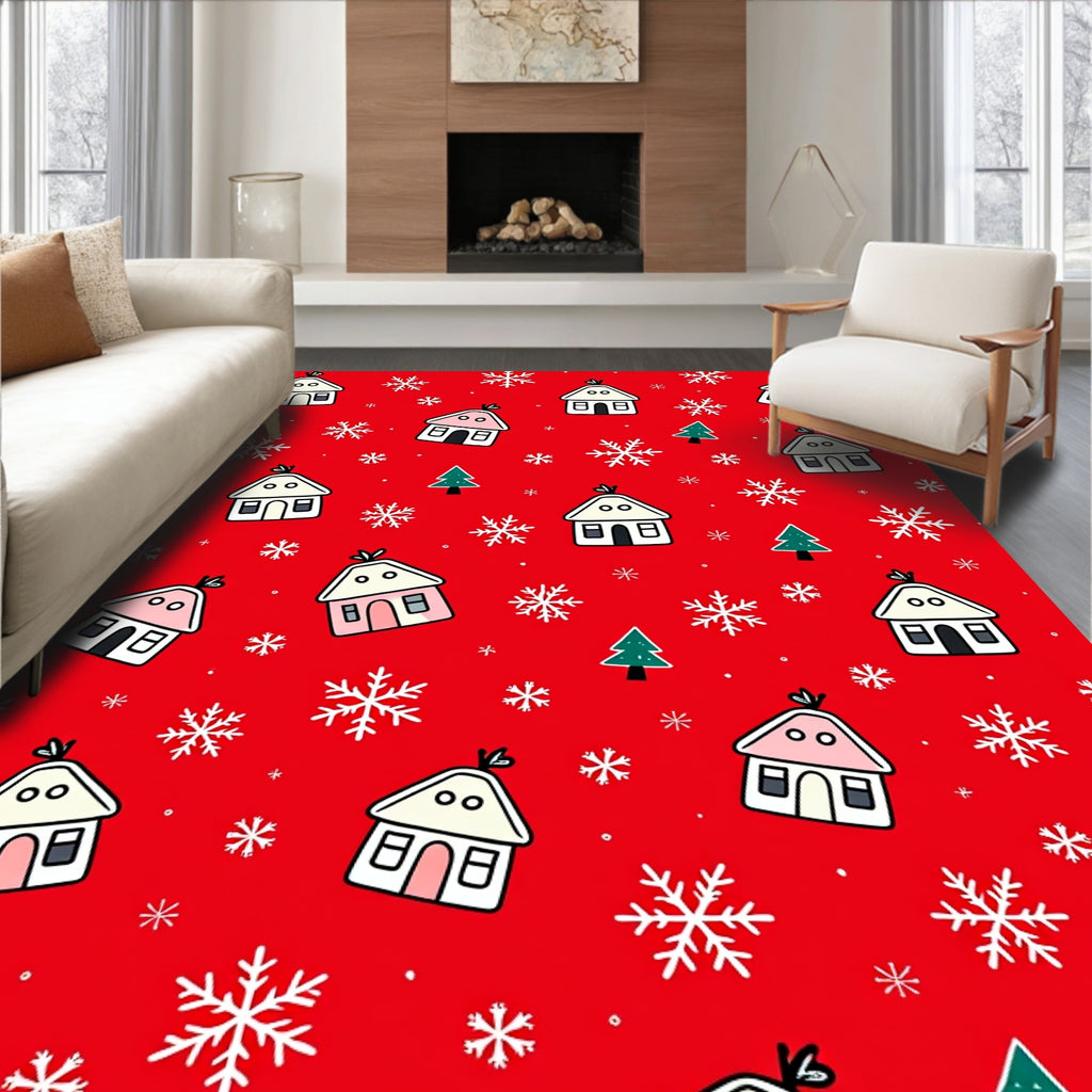 Cute Red Village Snowflake Christmas Art Rug