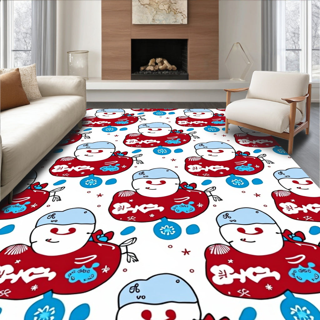 Jolly Red Snowman Blue Ornament Tile Rug