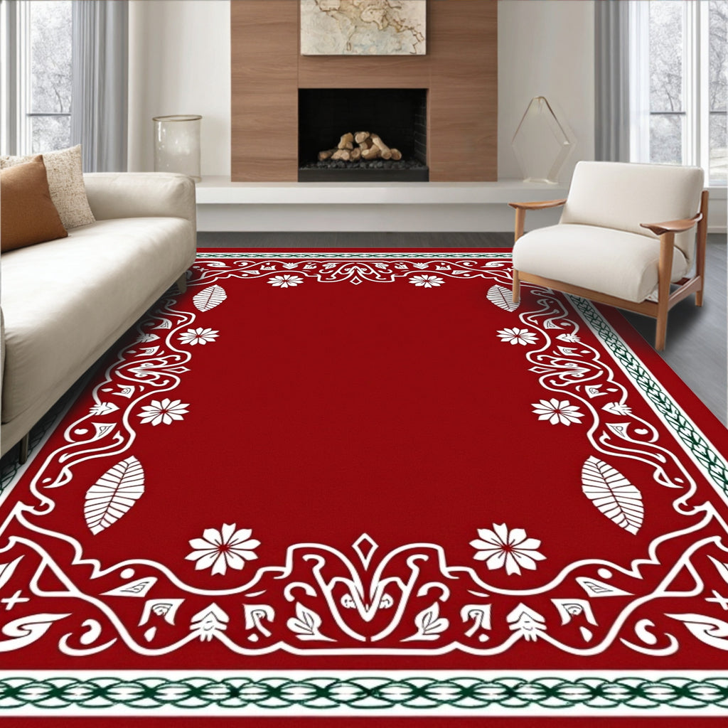 Red White Green Floral Garland Border Rug