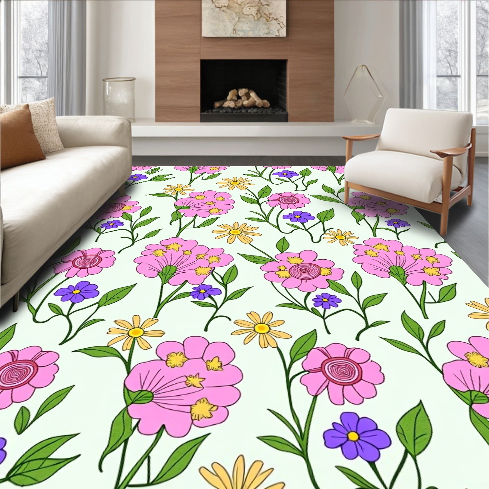 Pink Purple Yellow Floral Meadow Rug