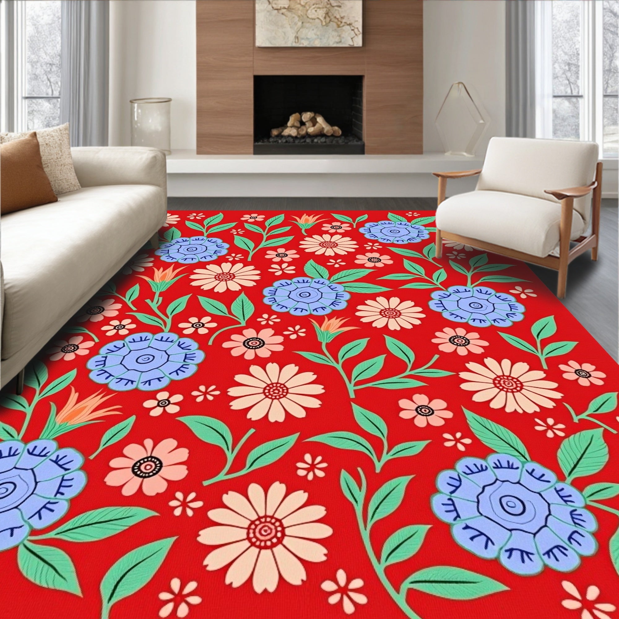 Vibrant Red Floral Whimsical Garden Rug