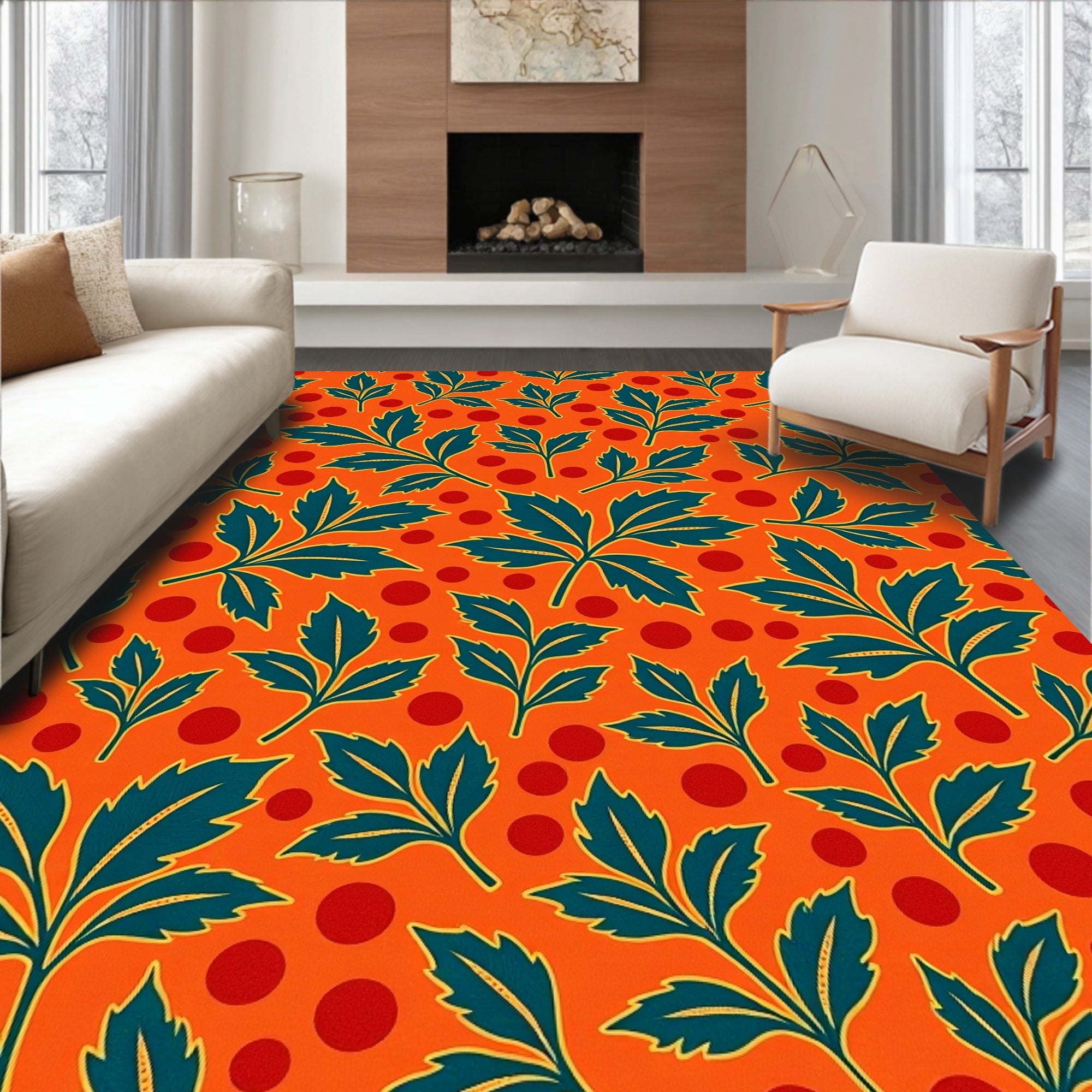 Emerald Foliage on Citrus Background Rug