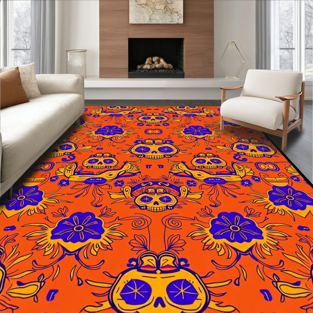 Orange And Blue Skull Floral Arrangement Rug