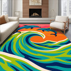 Blue Dolphins Surfing Vibrant Ocean Waves Rug