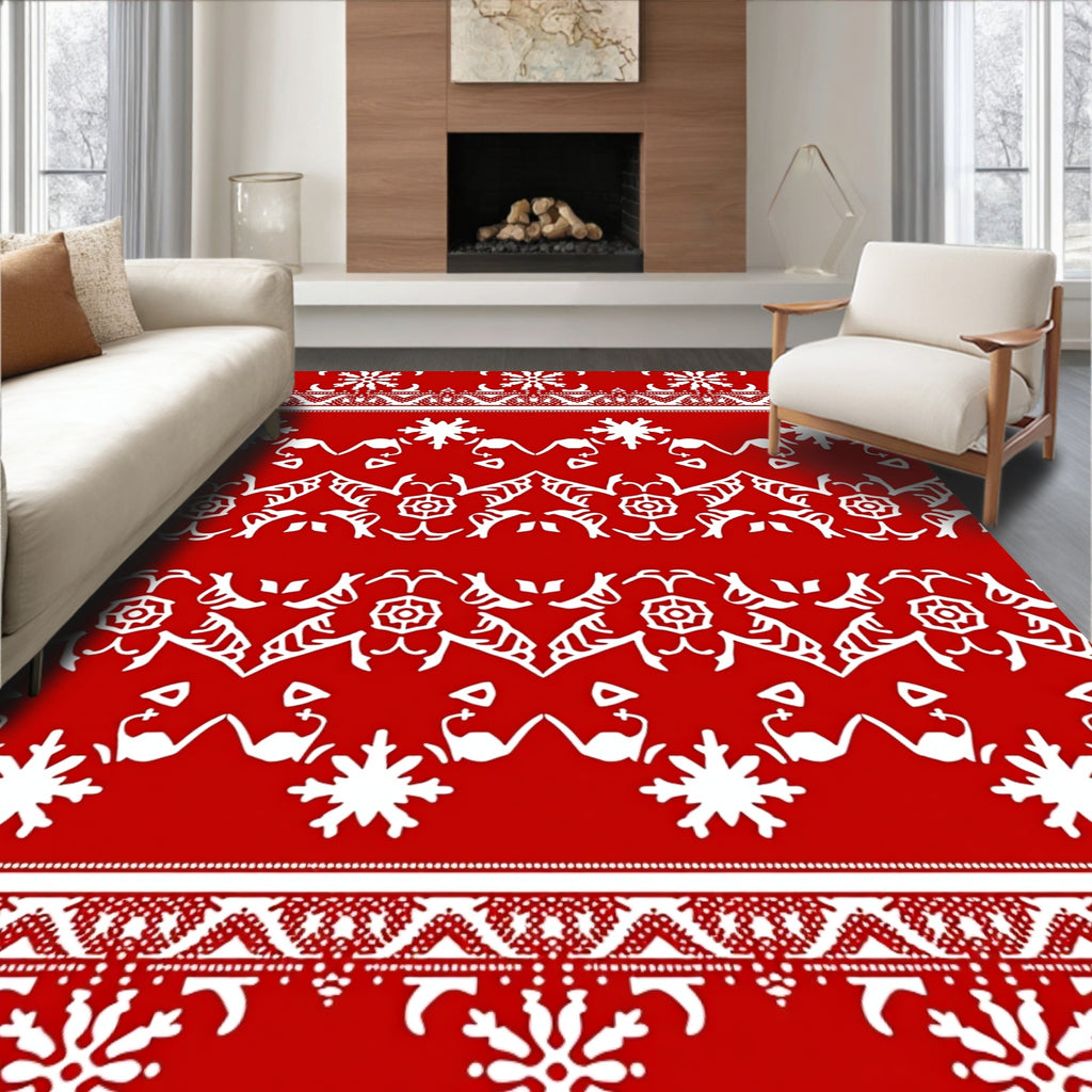 Red White Snowflake Folk Art Rug