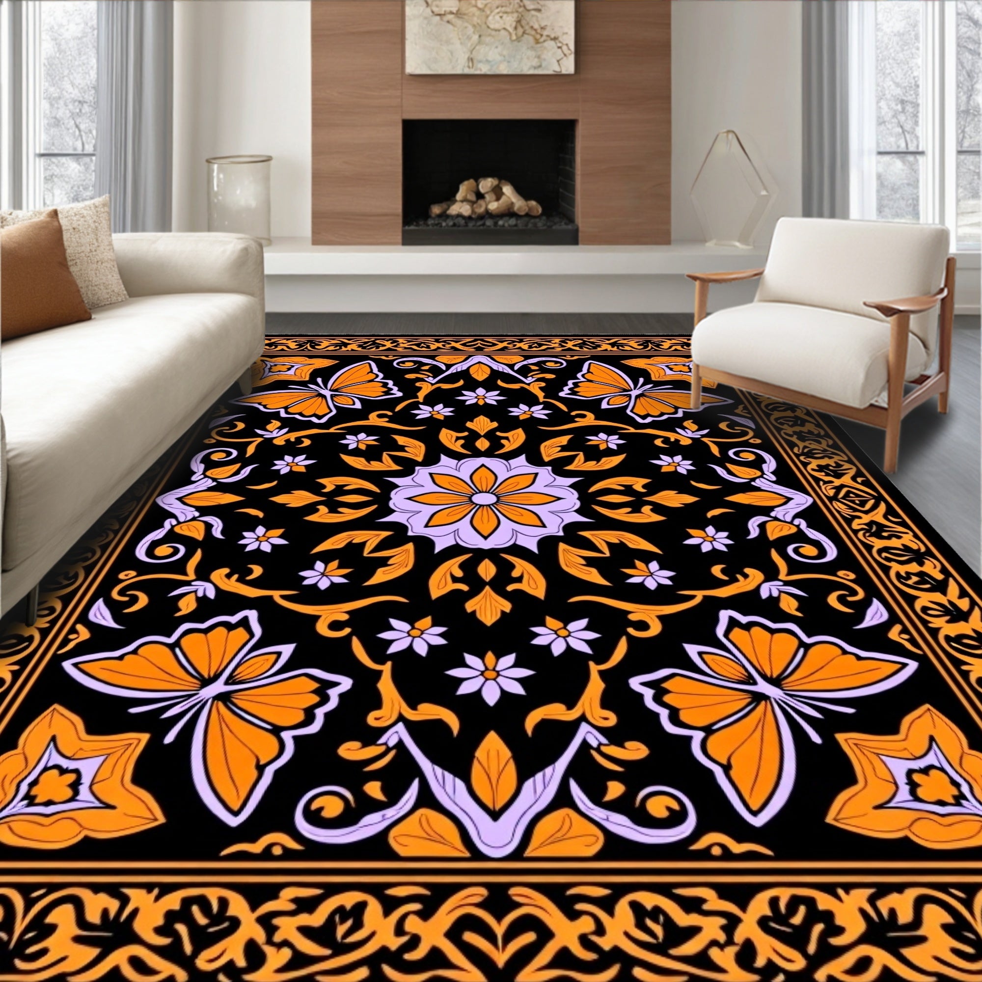 Orange Purple Butterfly Floral Medallion Rug