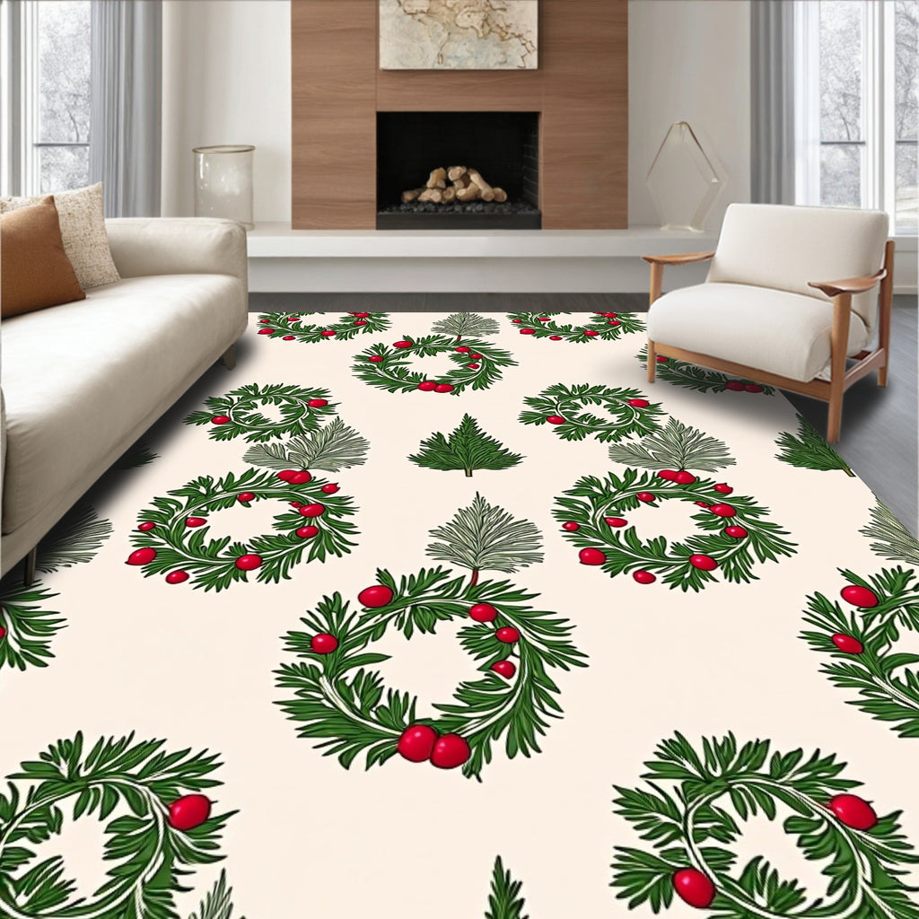Green Wreath Red Berry Evergreen Tree Rug