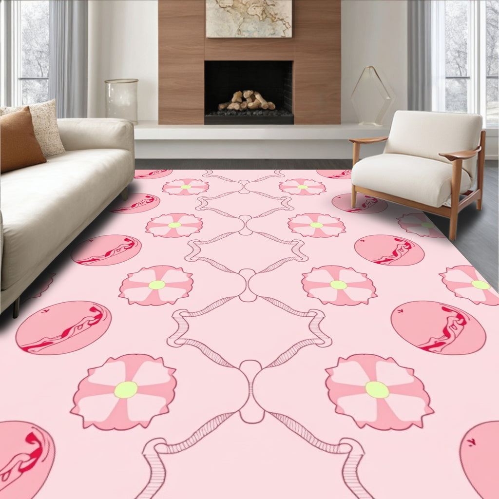 Pink Floral Round Motif Fabric Rug
