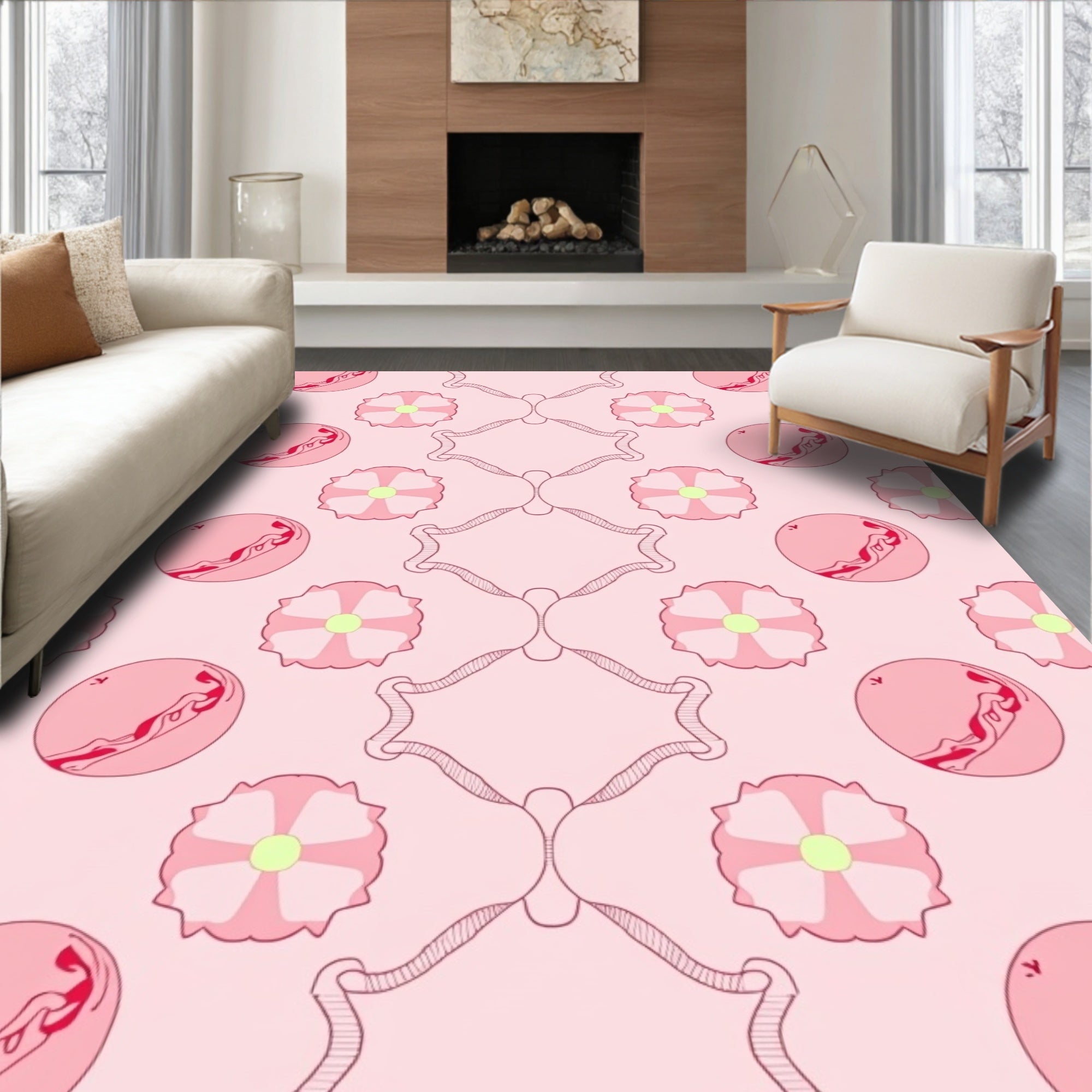 Pink Floral Round Motif Fabric Rug