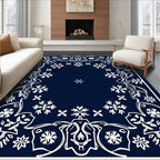 Deep Navy Snowflake Floral Frame Rug