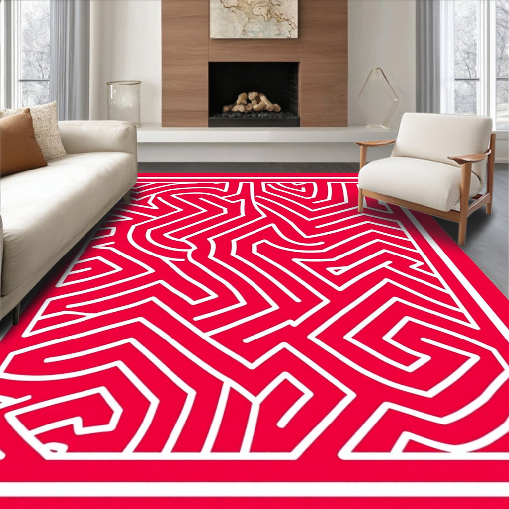 Vibrant Red Geometric Maze Layout Rug