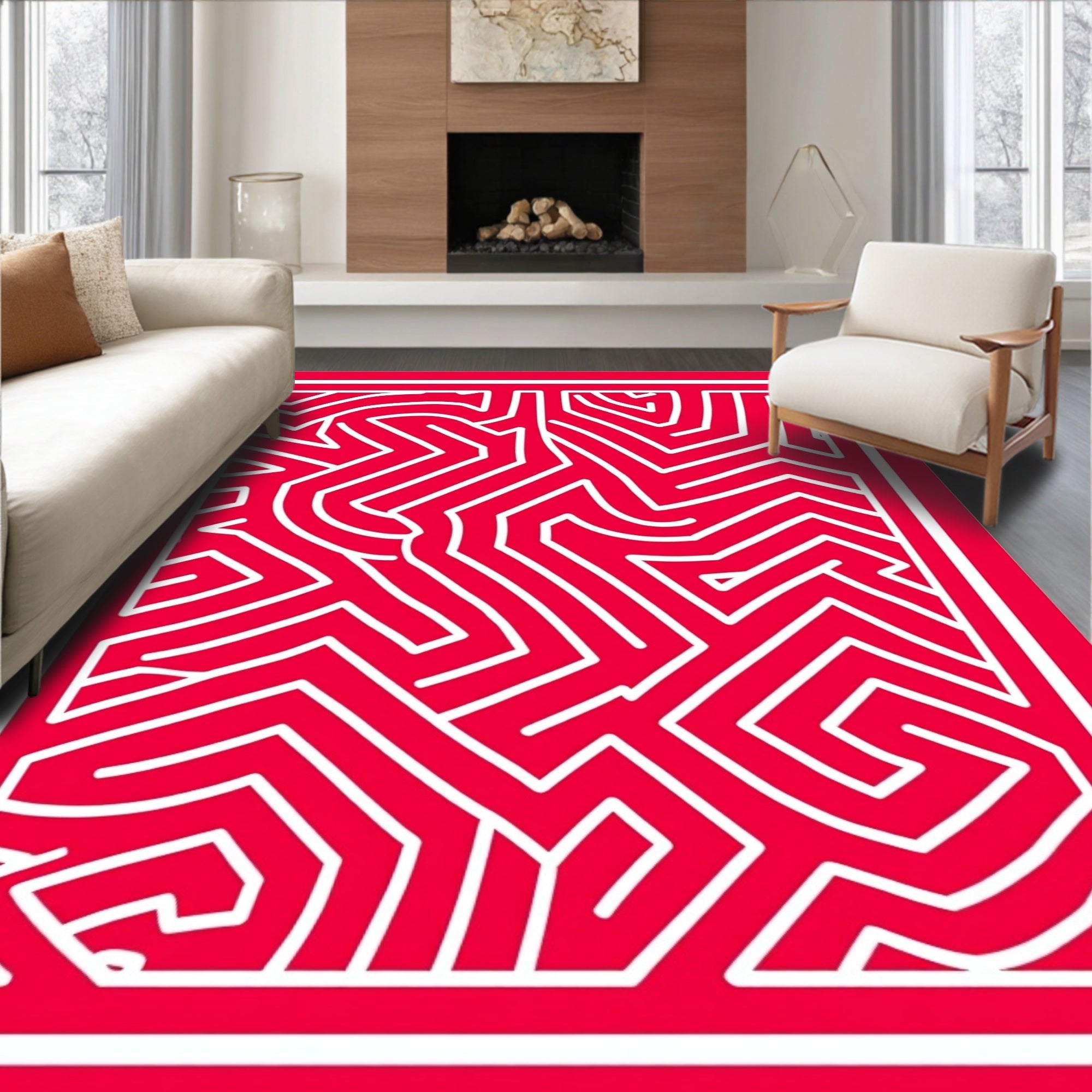 Vibrant Red Geometric Maze Layout Rug