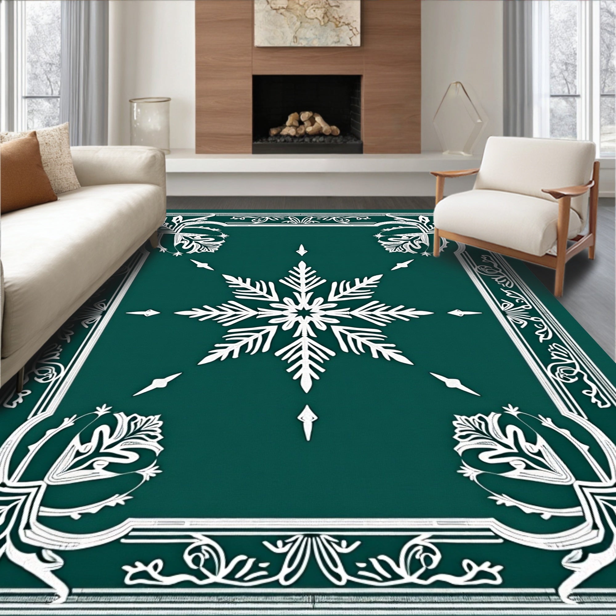 Emerald Green Snowflake Medallion Border Rug