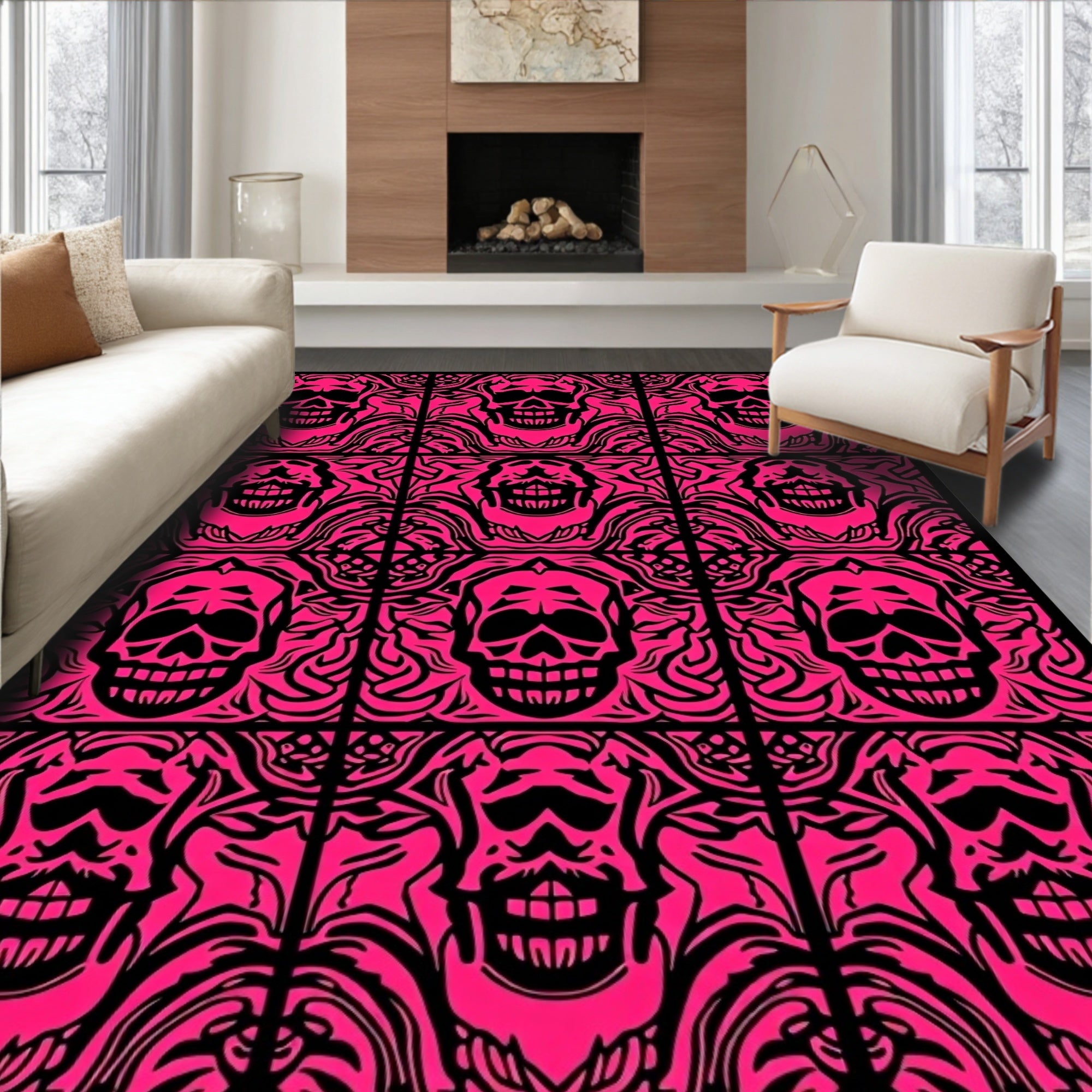 Hot Pink Skull Organic Collage Rug