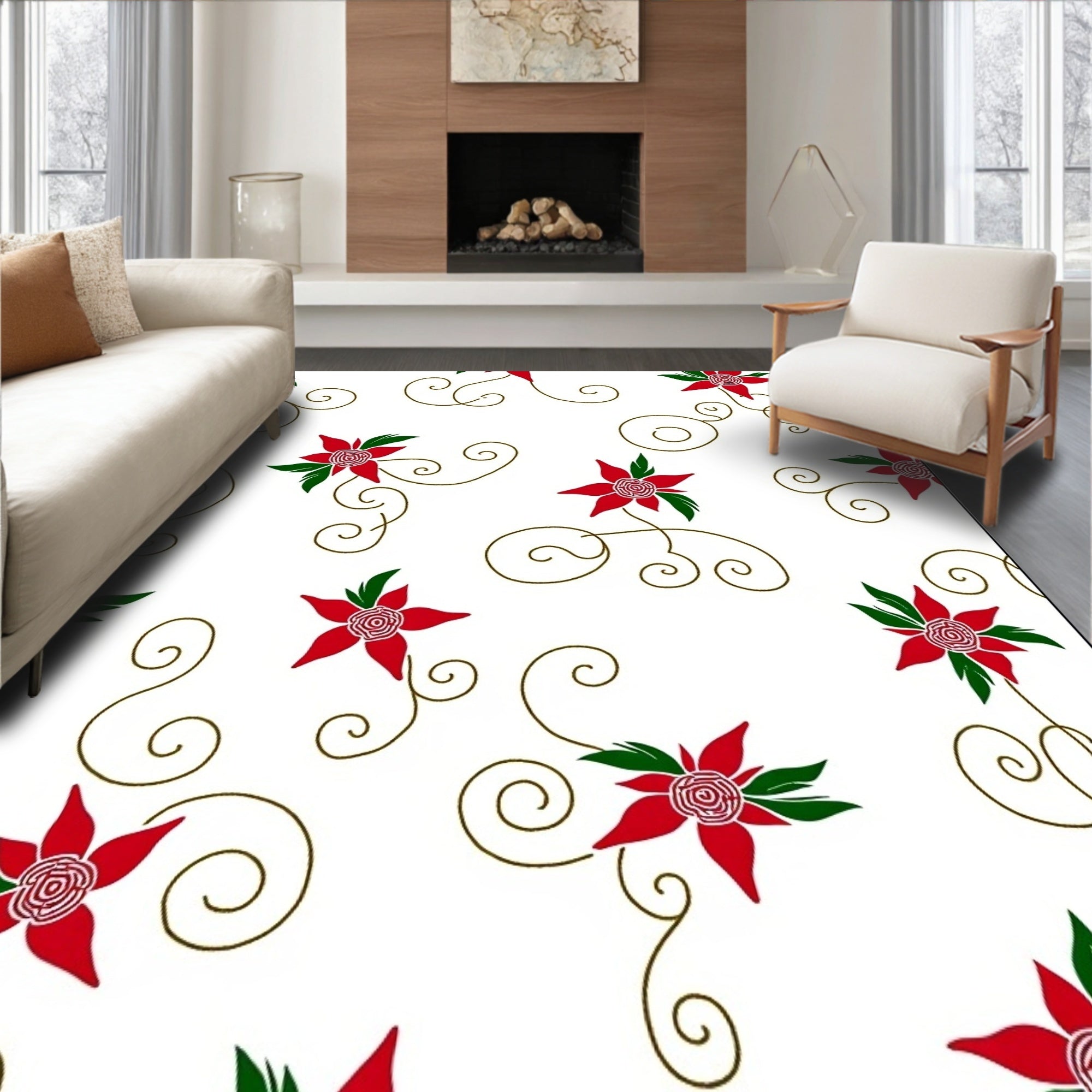 Red Poinsettia Swirls Garden Rug