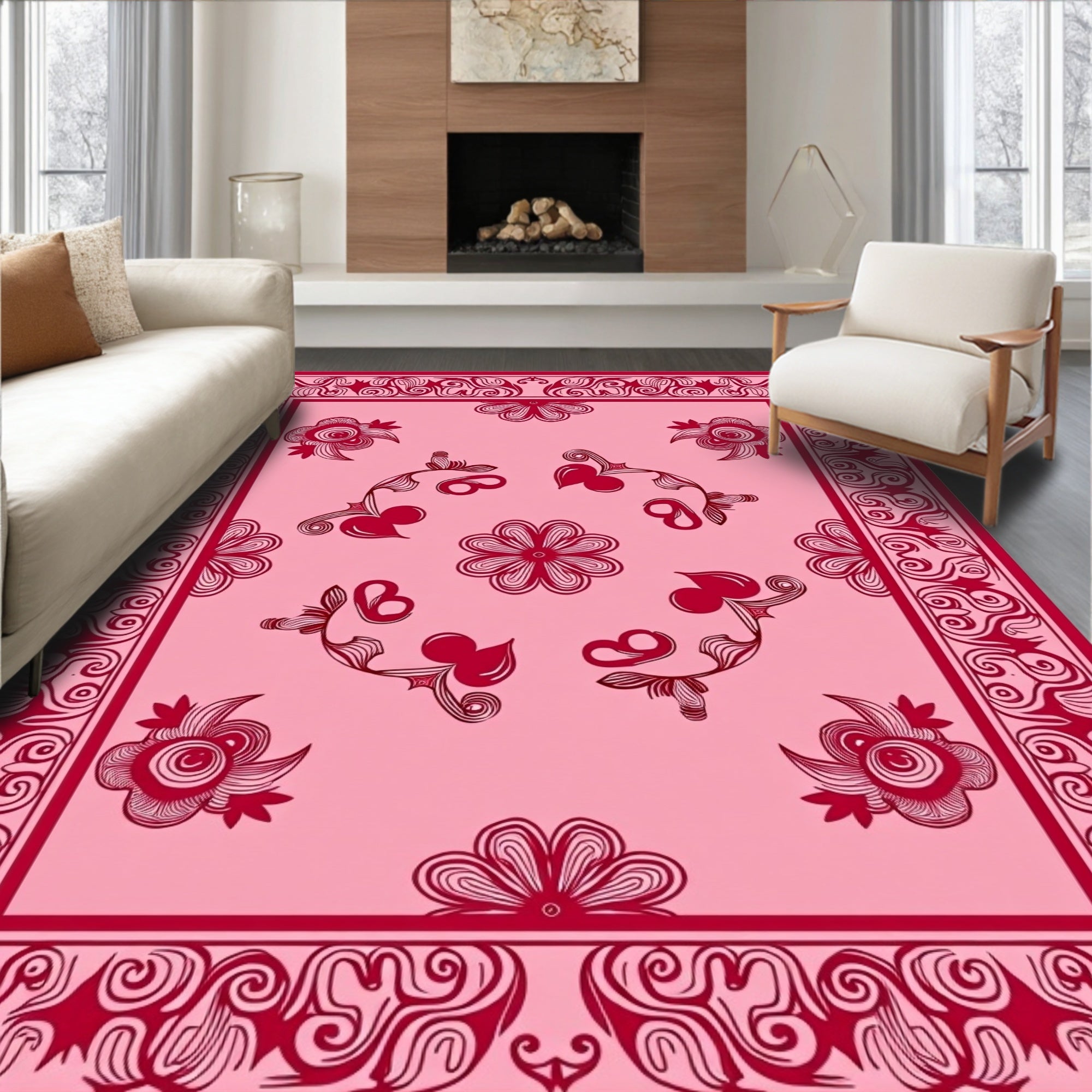 Crimson Floral Garden Pink Rug