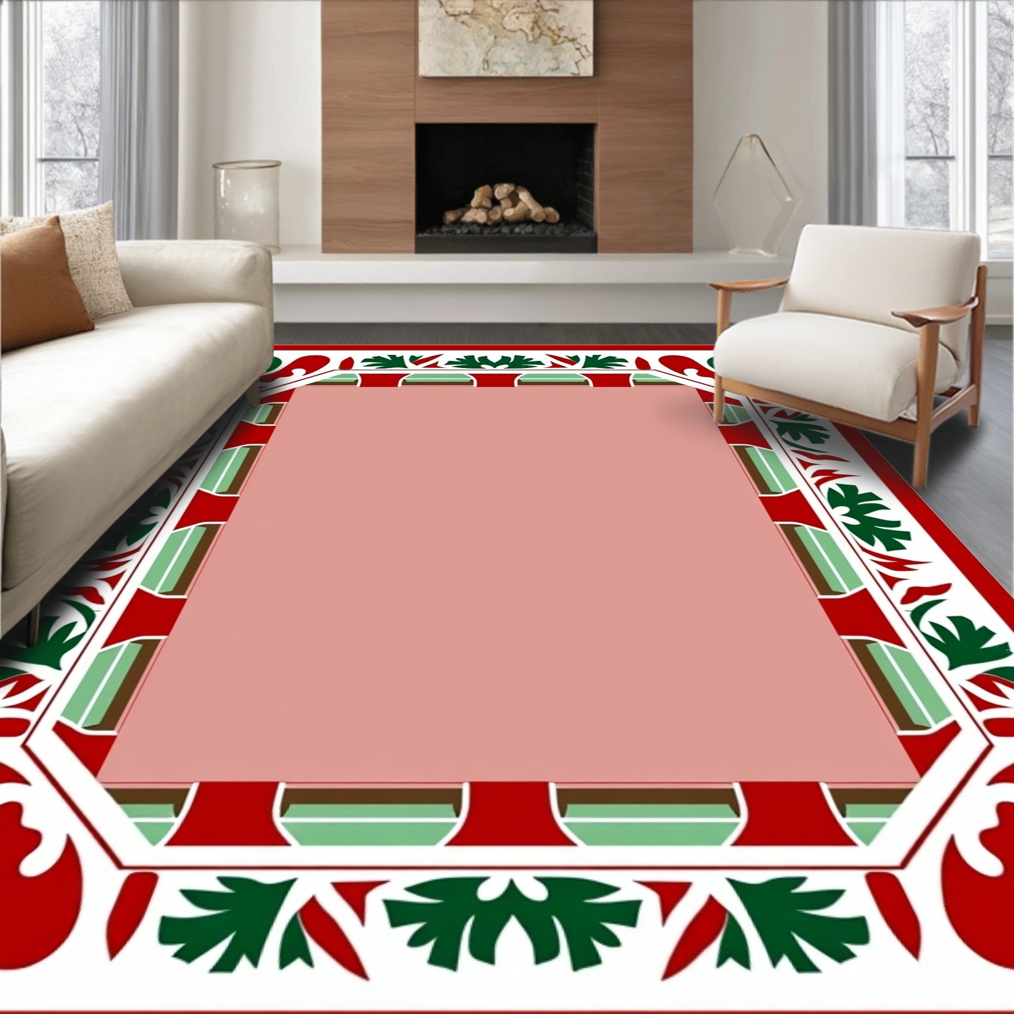 Crimson Green Leaf Border Medallion Rug