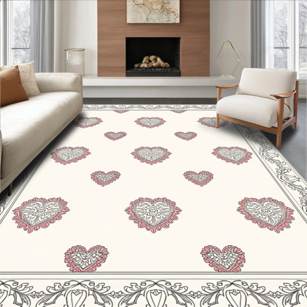 Vintage Pink Ornate Heart Border Rug