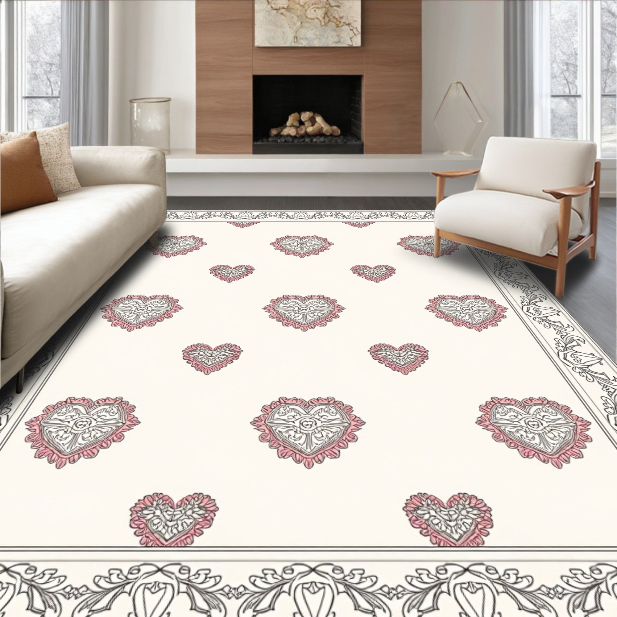 Vintage Pink Ornate Heart Border Rug