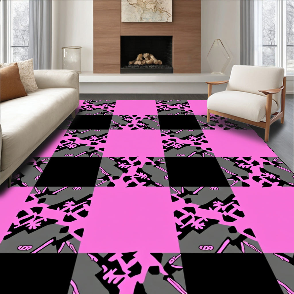 Pink Black Gray Checkered Graphic Rug