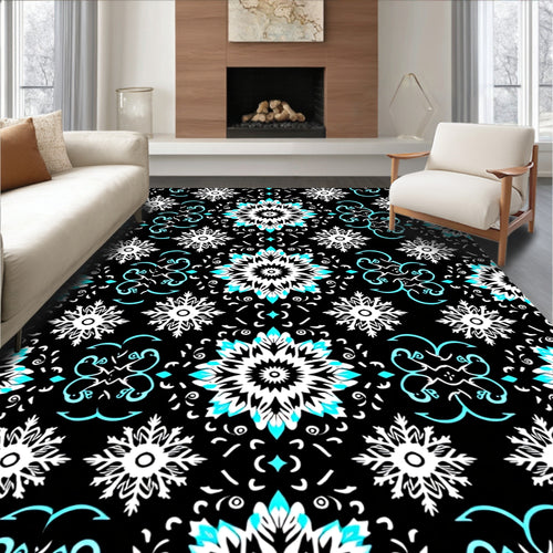 Black White Aqua Floral Medallion Tapestry Rug