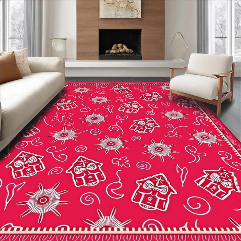 Bright Red Whimsical Gingerbread House Swirl Rug