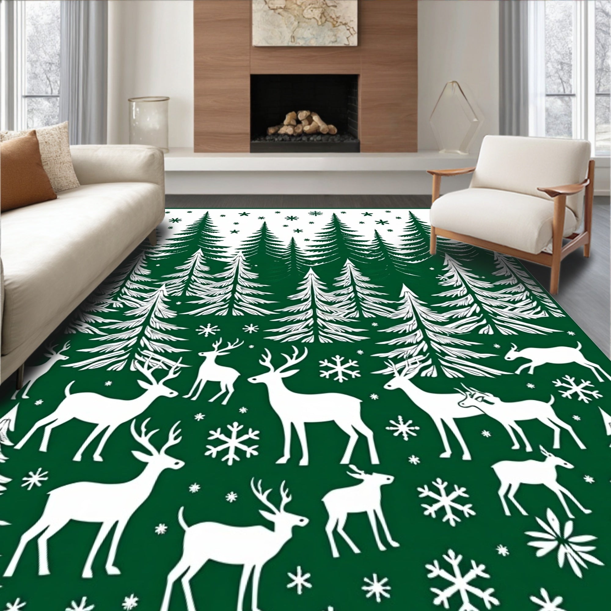Forest Green Winter Deer Snowflake Rug