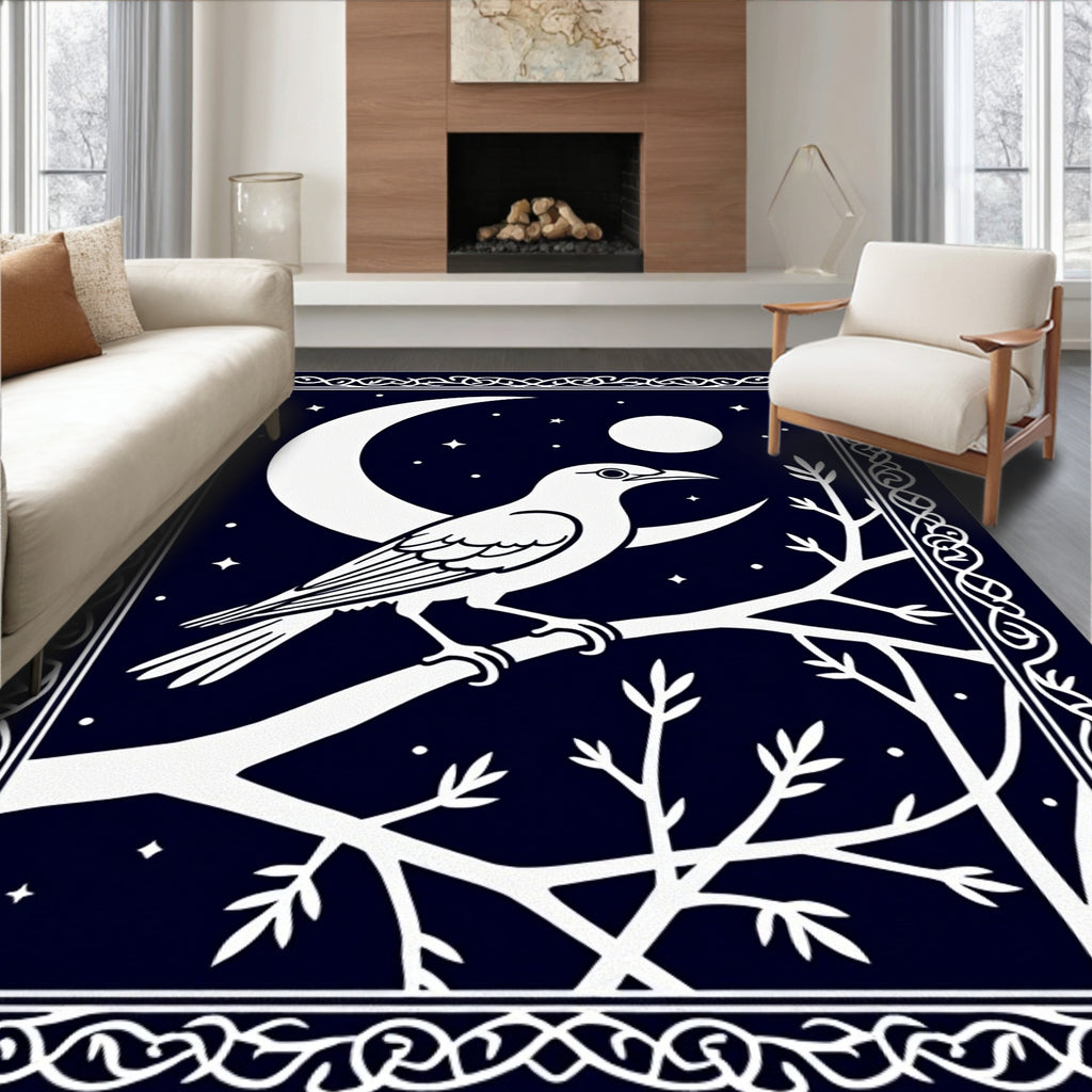 Dark Night Raven Moon Tree Border Rug