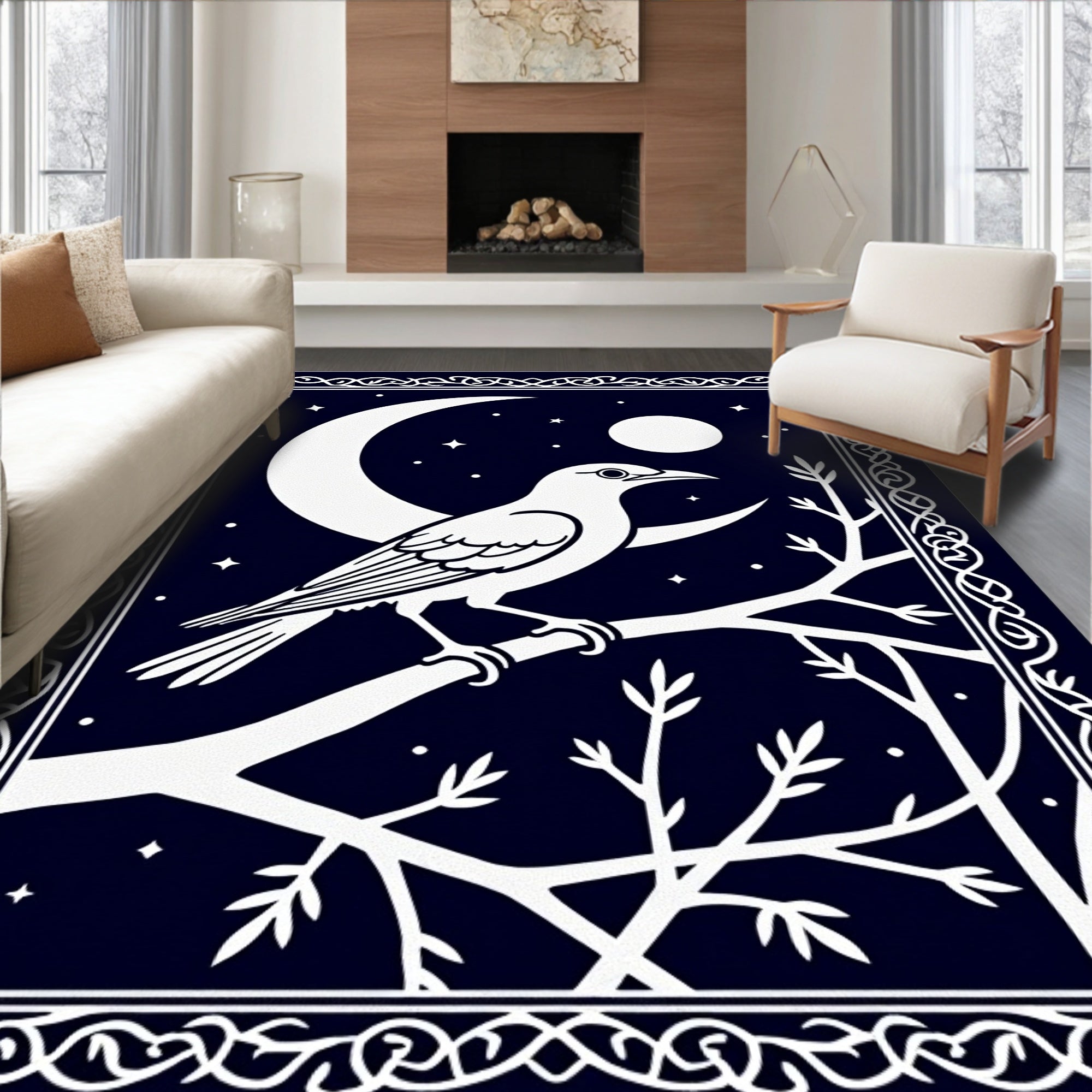 Dark Night Raven Moon Tree Border Rug
