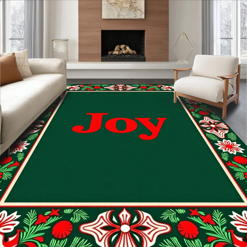 Festive Red Ivory Holly Border Rug