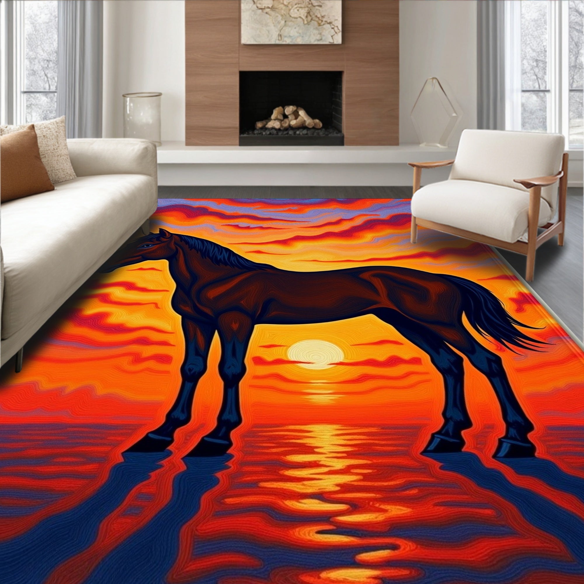 Fiery Sunset Horse Reflection Rug