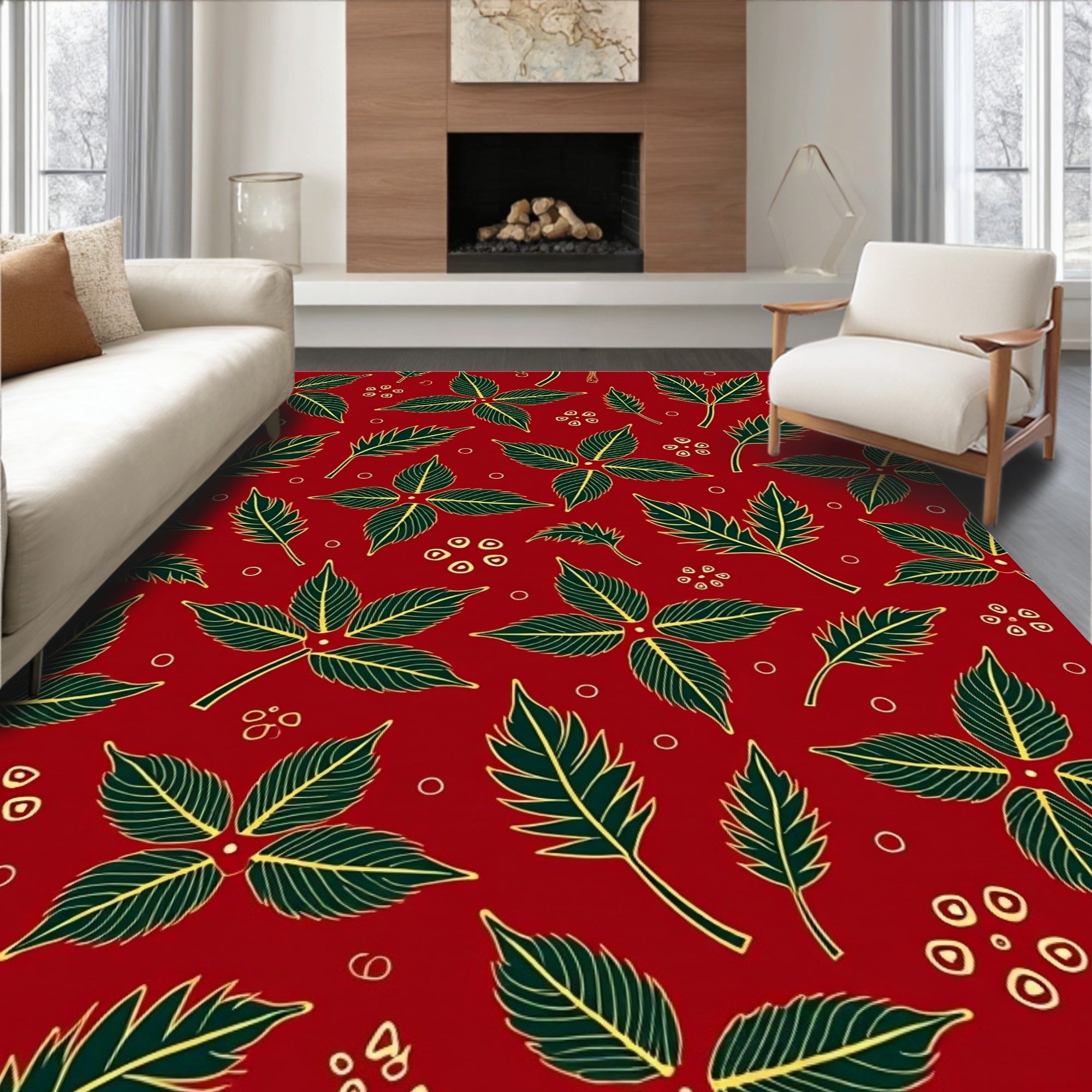 Crimson Dark Green Leafy Botanical Rug