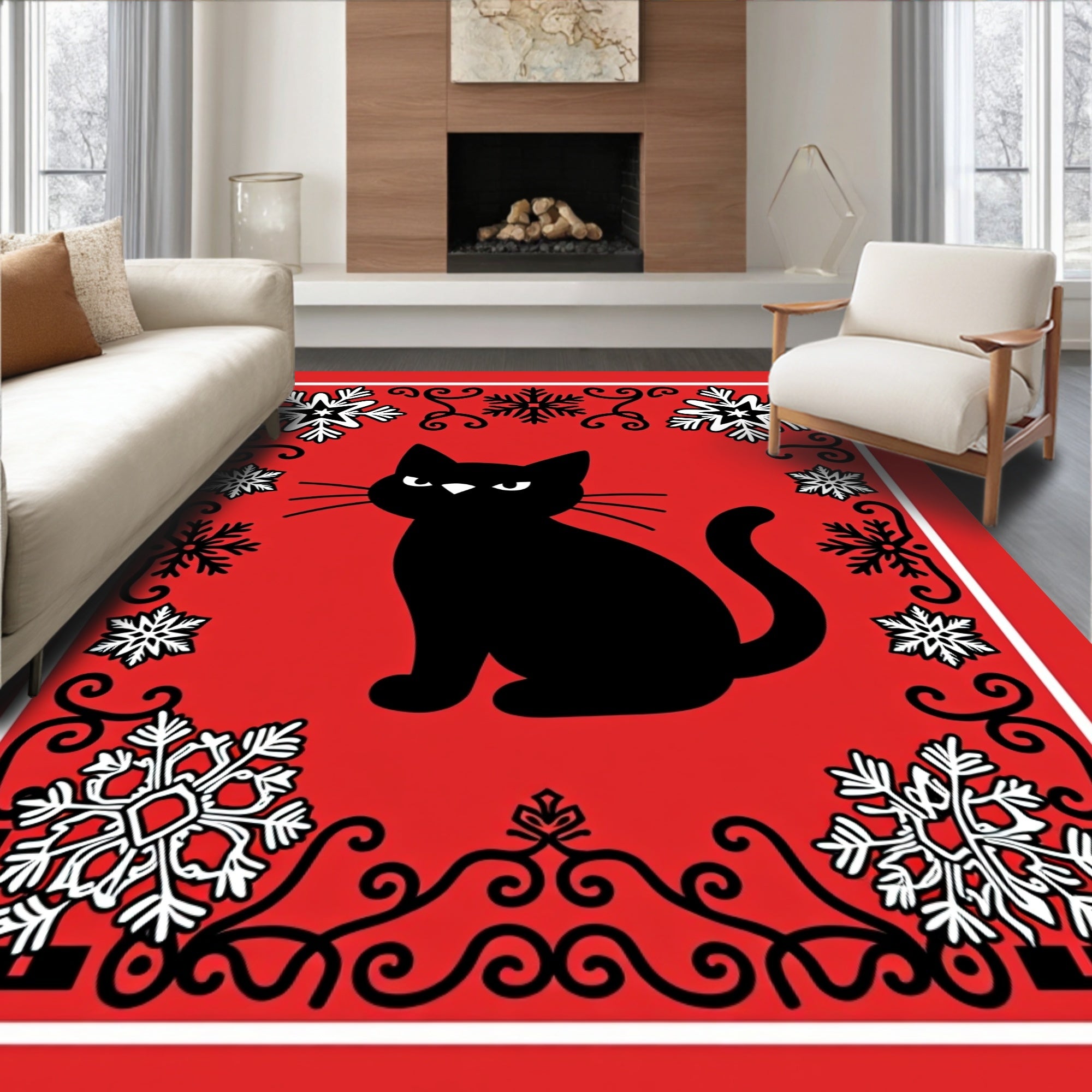 Black Cat Snowflake Border Rug