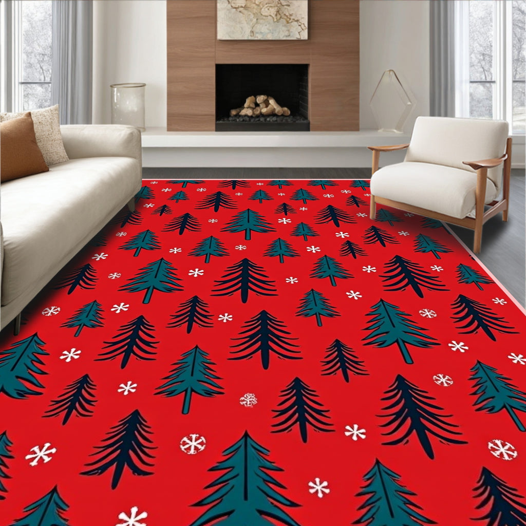 Christmas Trees Snowflakes Red Teal Rug
