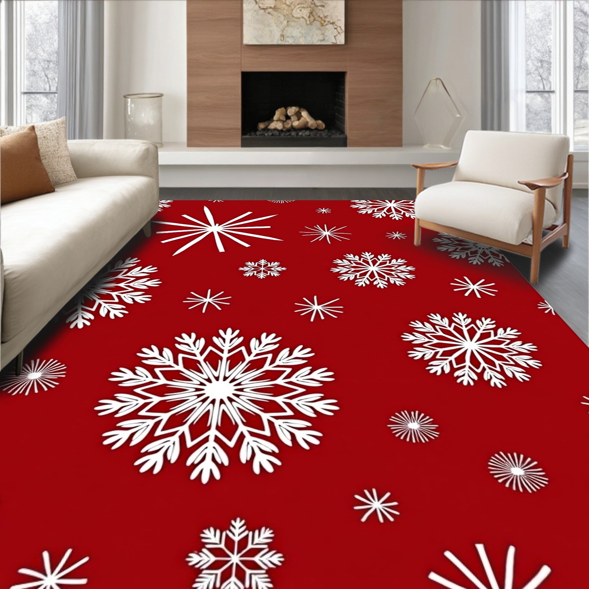 Classic White Snowflakes on Red Ground Rug