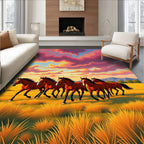 Vibrant Wild Horses Running Field Sunset Rug