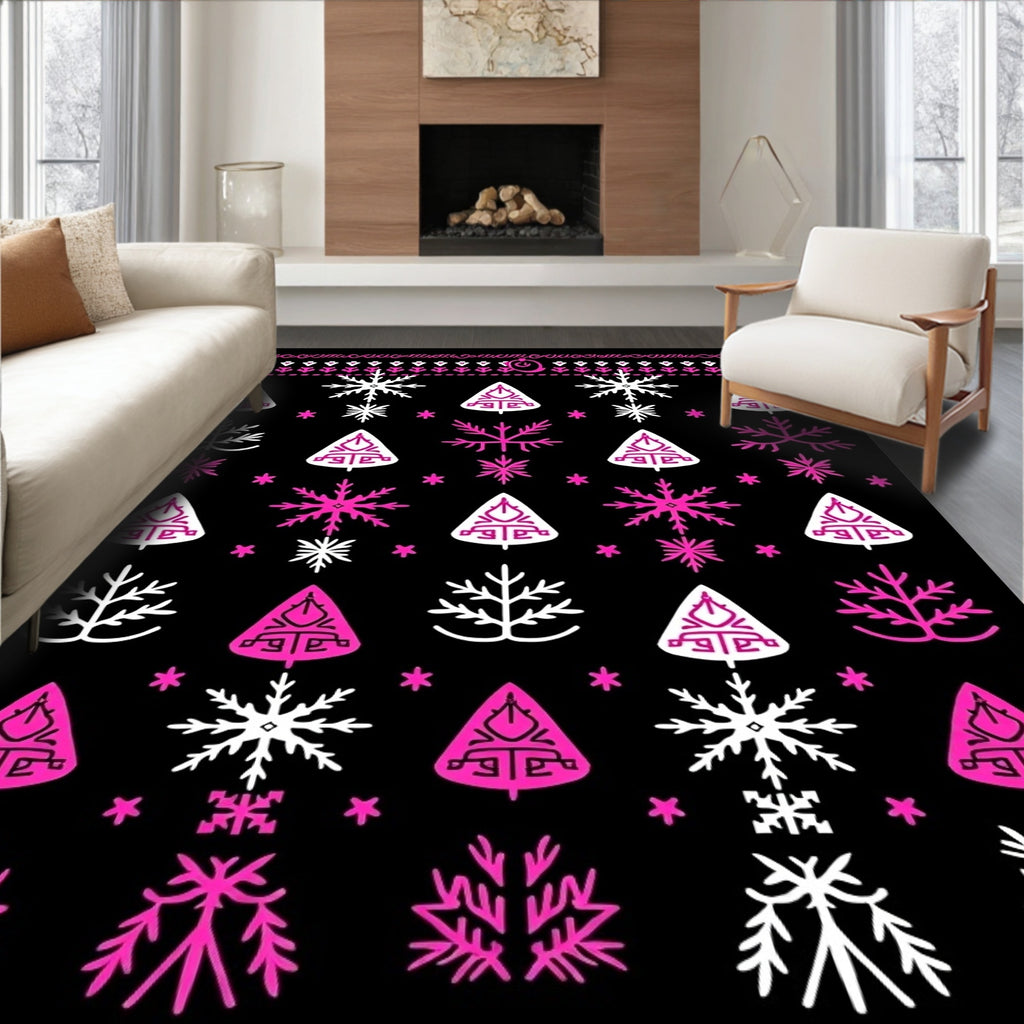 Whimsical Pink White Snowflakes Trees Rug