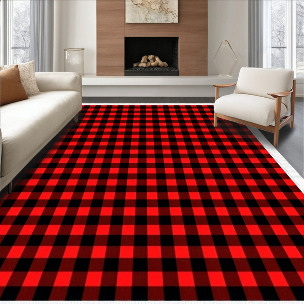 Classic Red Black Gingham Squares Rug