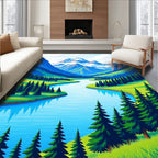 Serene Blue Mountain River Evergreen Forest Rug
