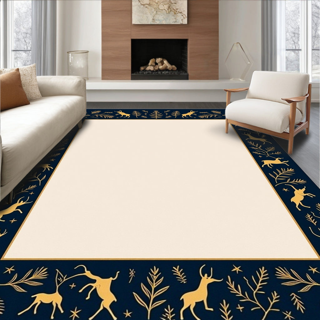 Golden Deer Navy Foliage Border Rug