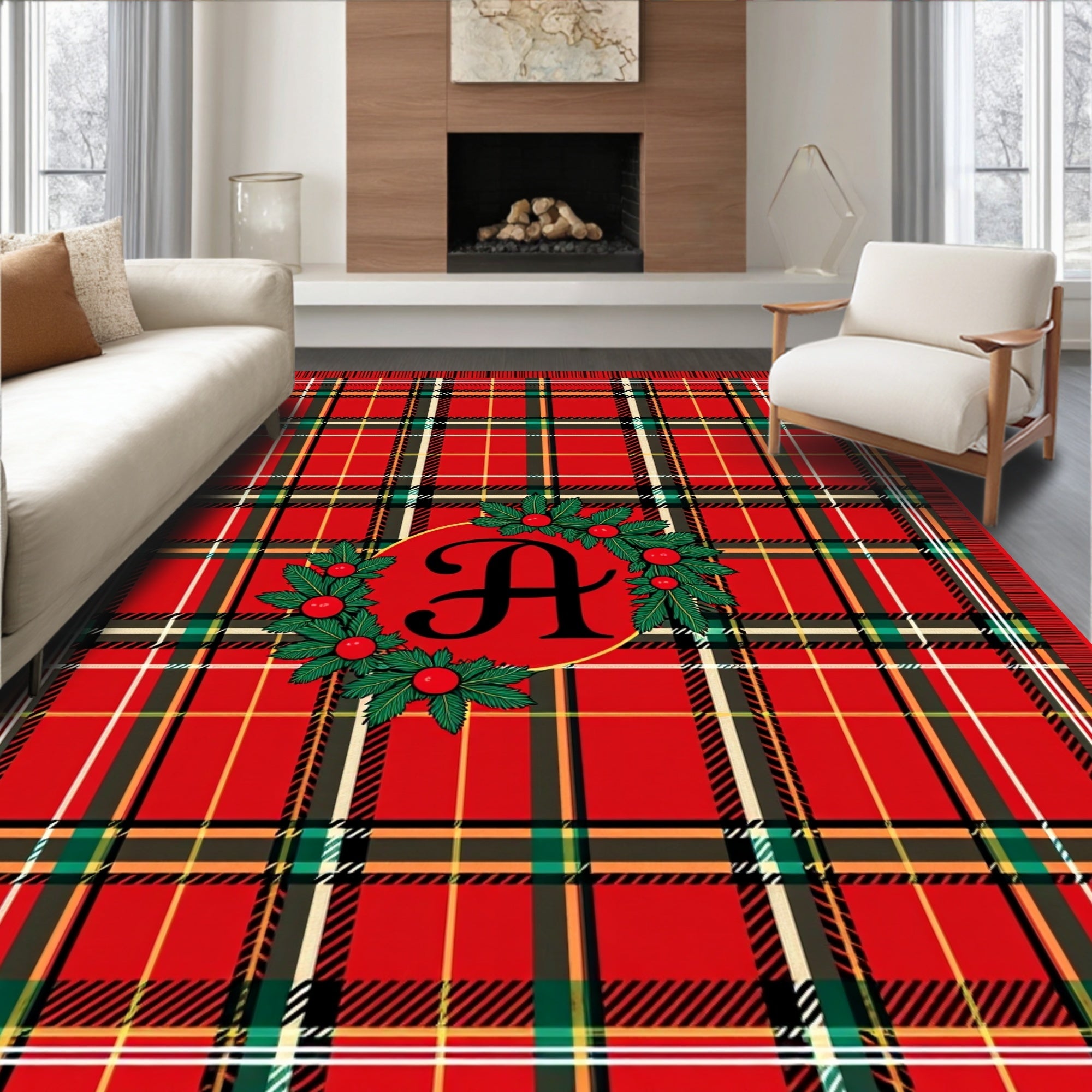 Red Tartan Holly Monogram Rug