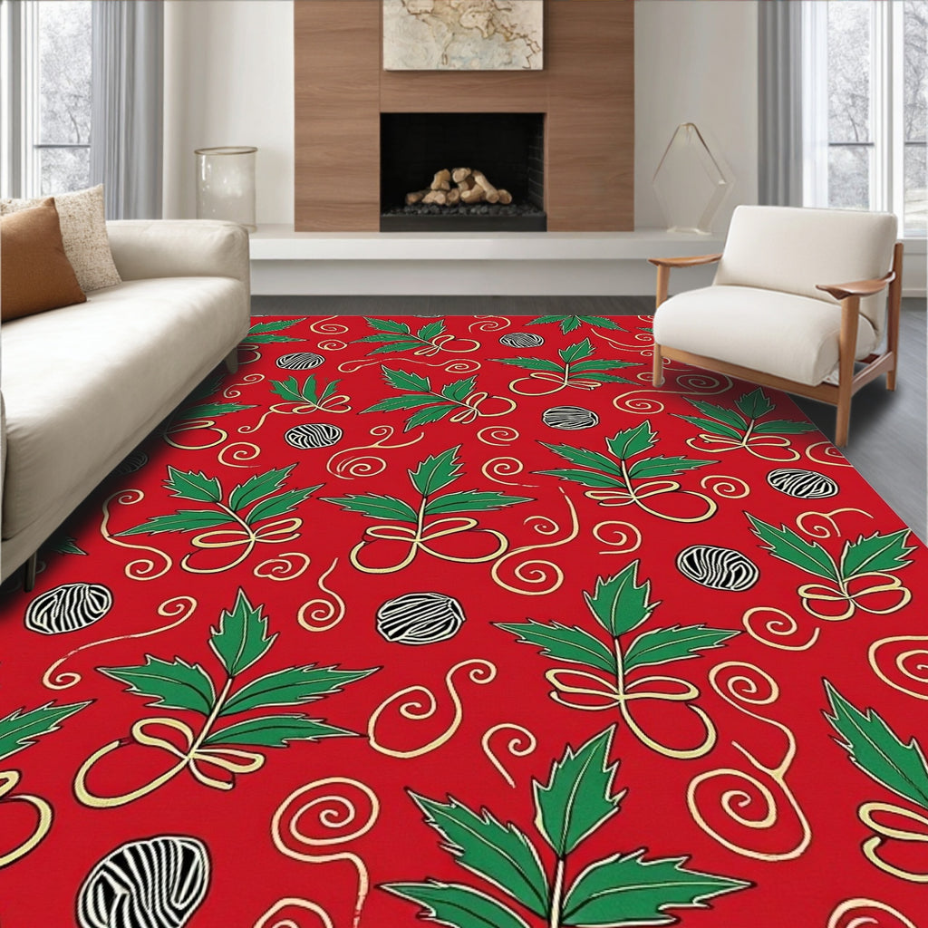 Red Green Holly Twig Swirl Rug