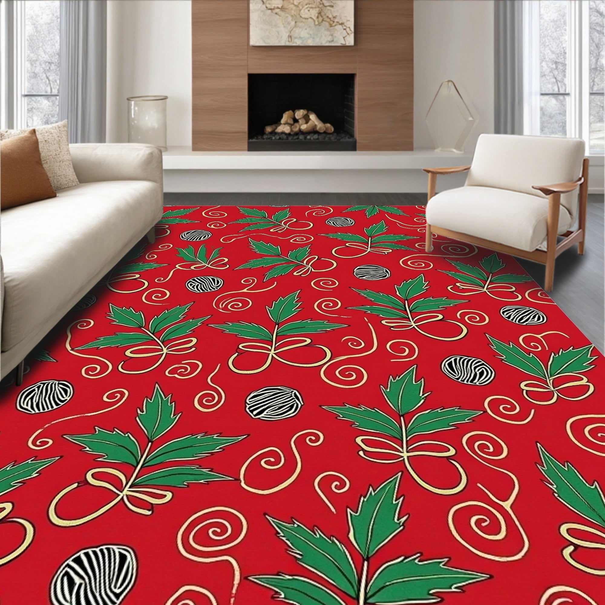 Red Green Holly Twig Swirl Rug